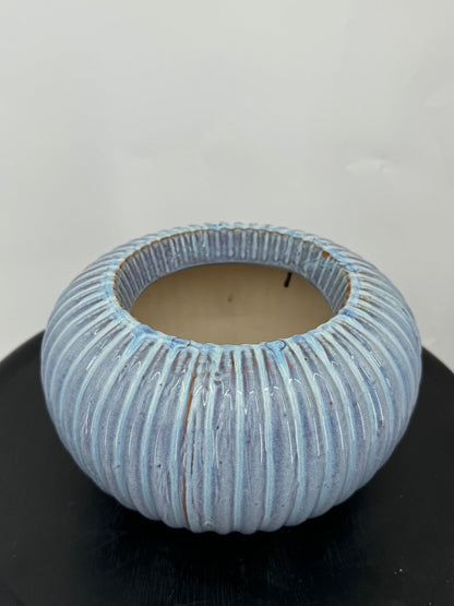 כד עגול עם פסים כחולים, פתח 13 ס״מ, קוטר 22 ס״מ - רוטין (ירוק במרפסת לשעבר)