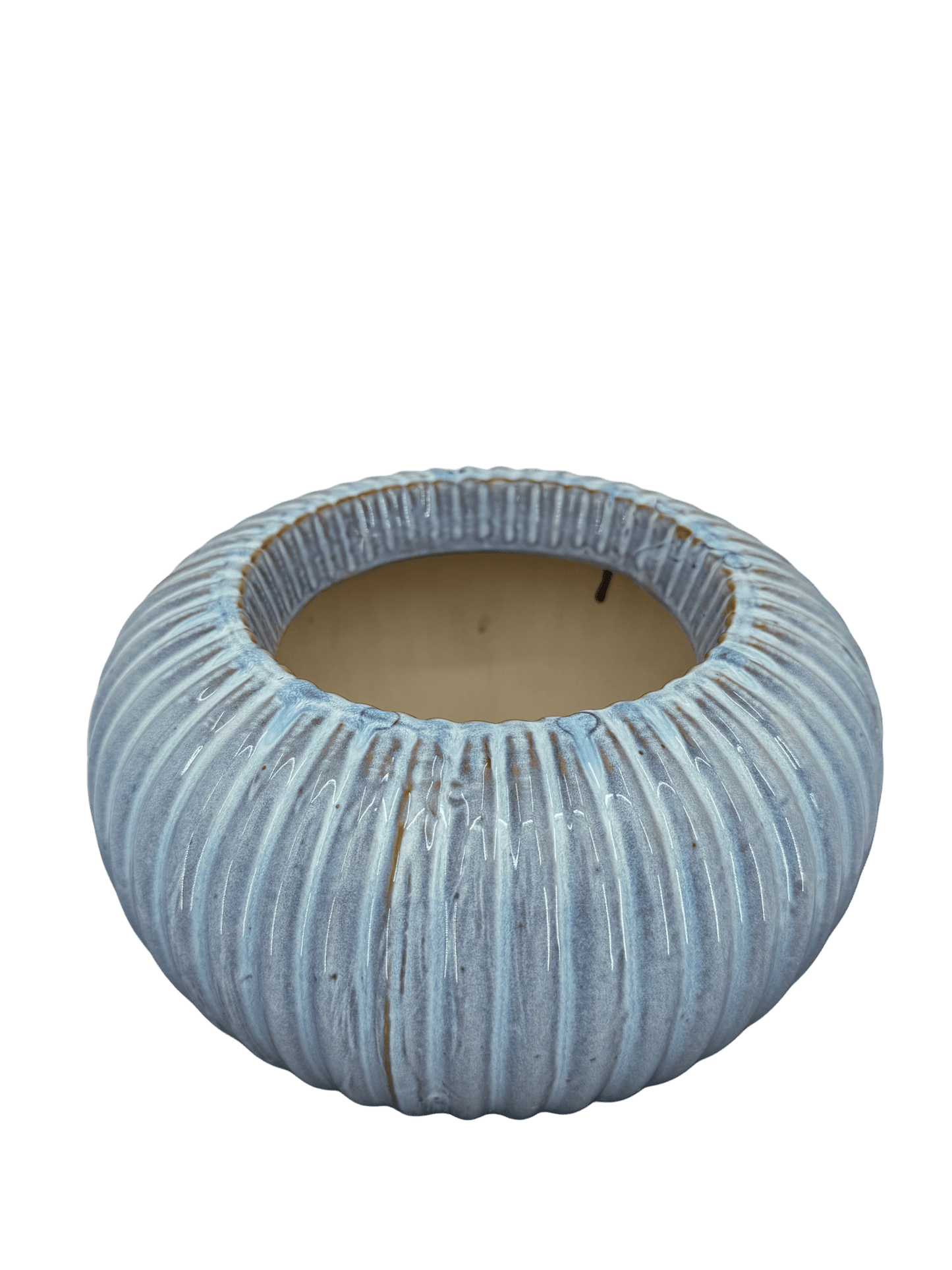 כד עגול עם פסים כחולים, פתח 13 ס״מ, קוטר 22 ס״מ - רוטין (ירוק במרפסת לשעבר)