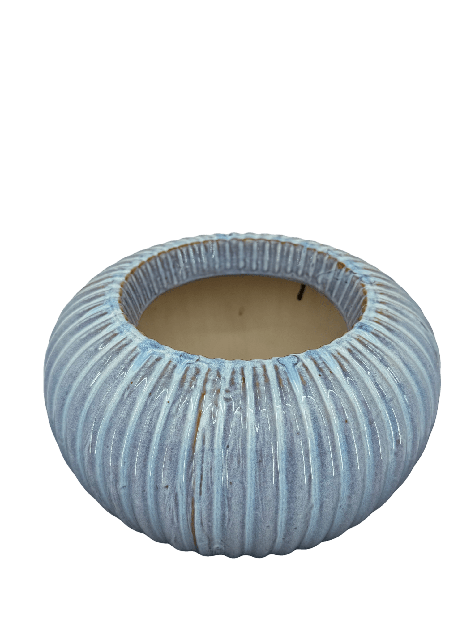 כד עגול עם פסים כחולים, פתח 13 ס״מ, קוטר 22 ס״מ - רוטין (ירוק במרפסת לשעבר)