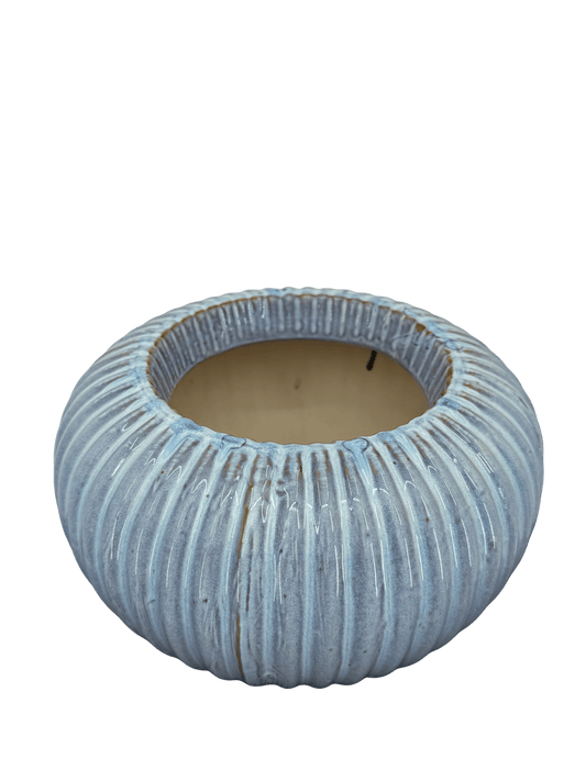 כד עגול עם פסים כחולים, פתח 13 ס״מ, קוטר 22 ס״מ - רוטין (ירוק במרפסת לשעבר)